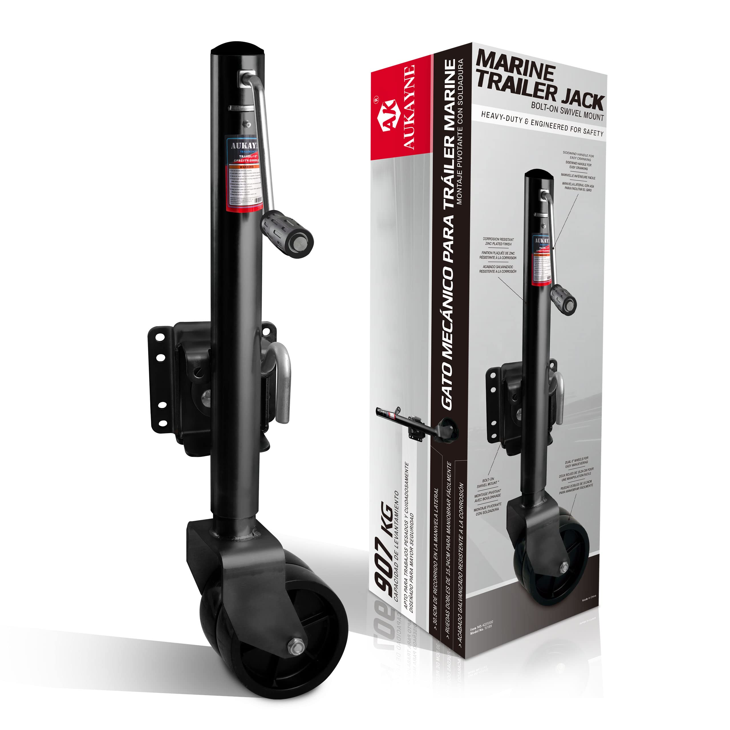 Aukayne boat trailer jack with dual wheels for stable maneuvering on uneven terrain.