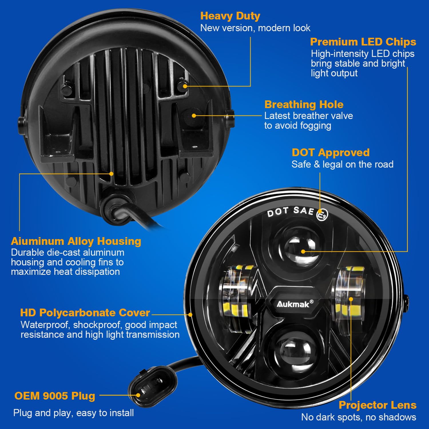 Aukmak F150 fog light diecast aluminum housing for durability.