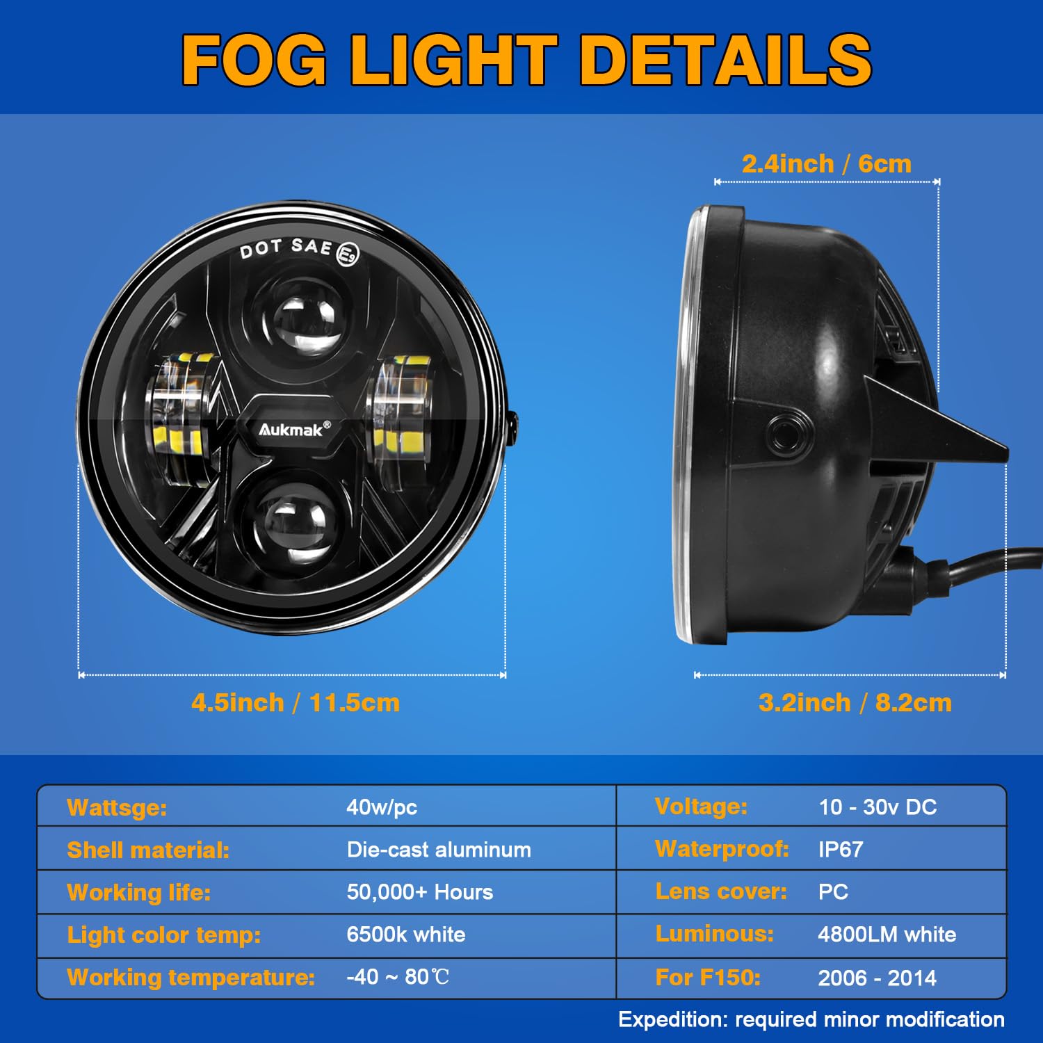 Aukmak LED fog light night beam improves road visibility and safety.