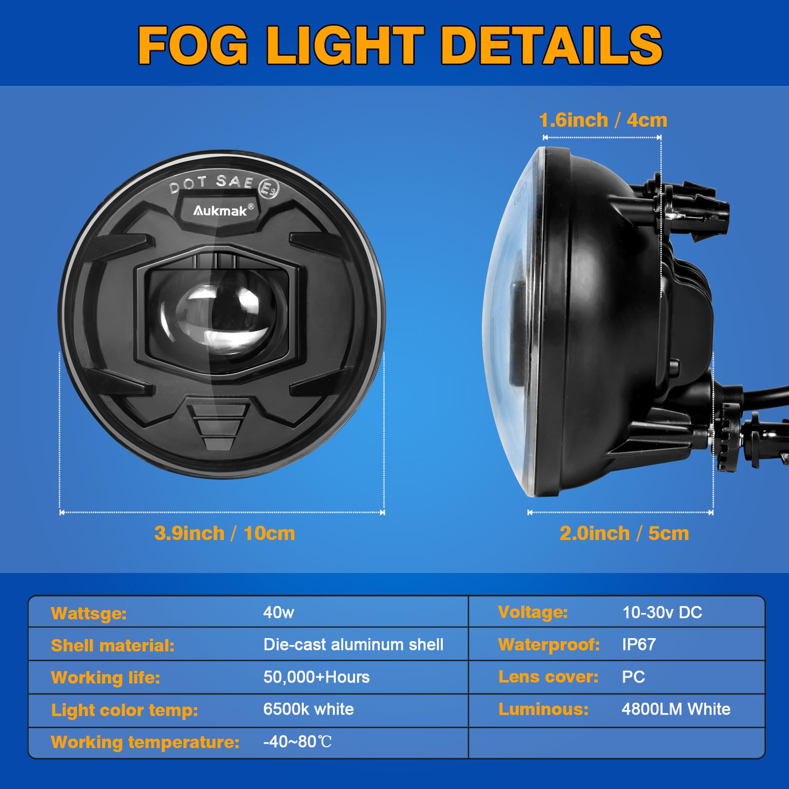 Aukmak fog light close-up highlights LED chip for bright, clear visibility in fog