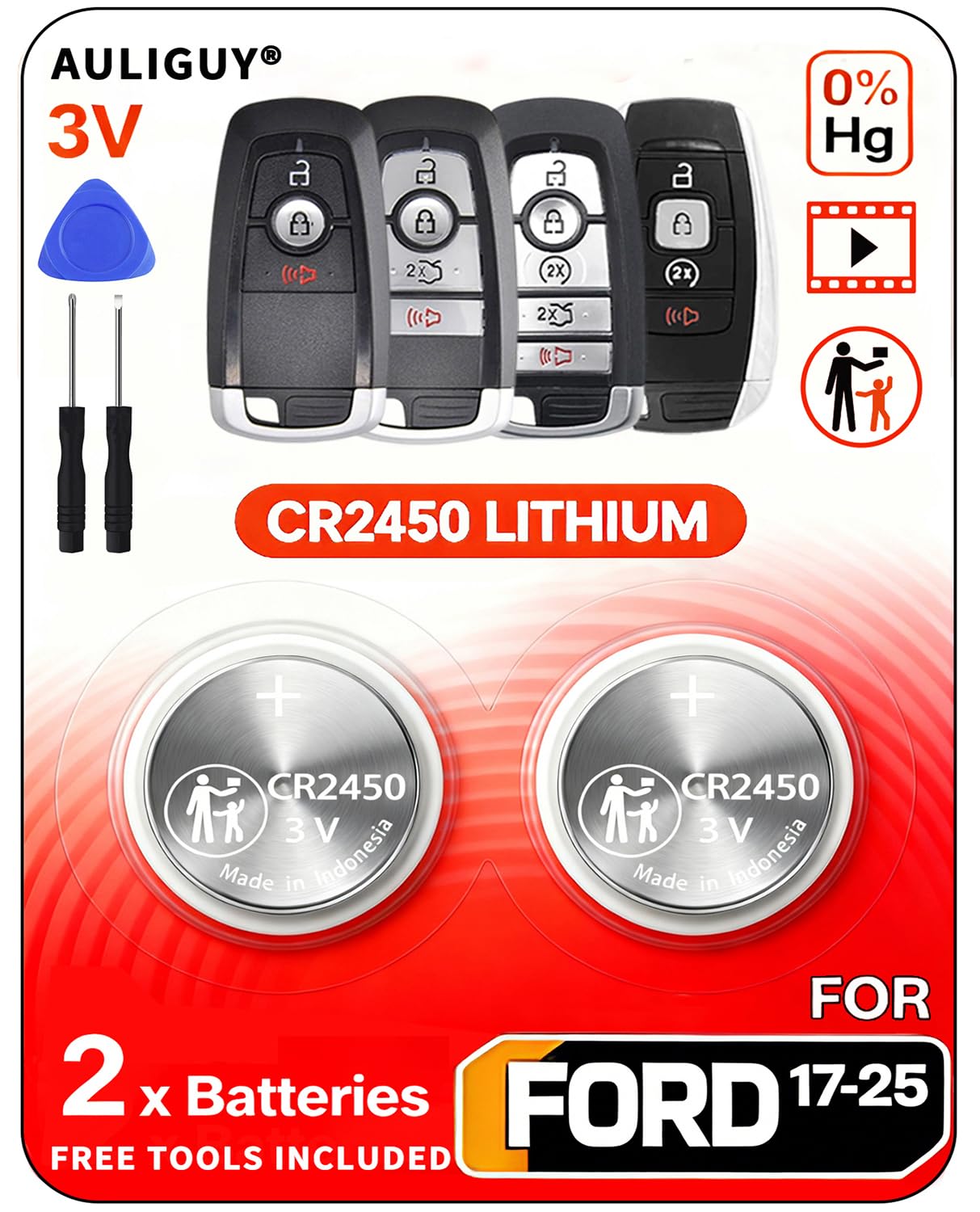 Auliguy Ford key fob CR2450 battery for easy replacement.