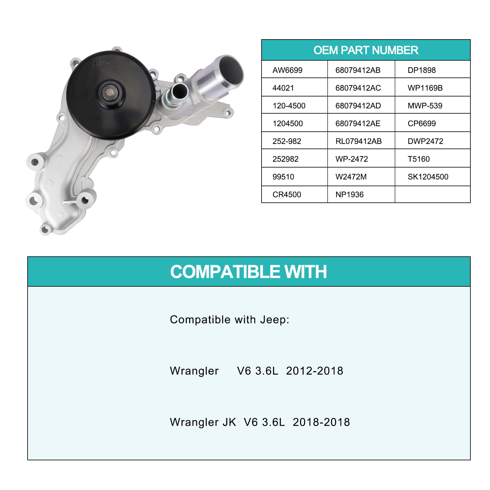 Close-up of AW6699 water pump assembly in Jeep Wrangler engine