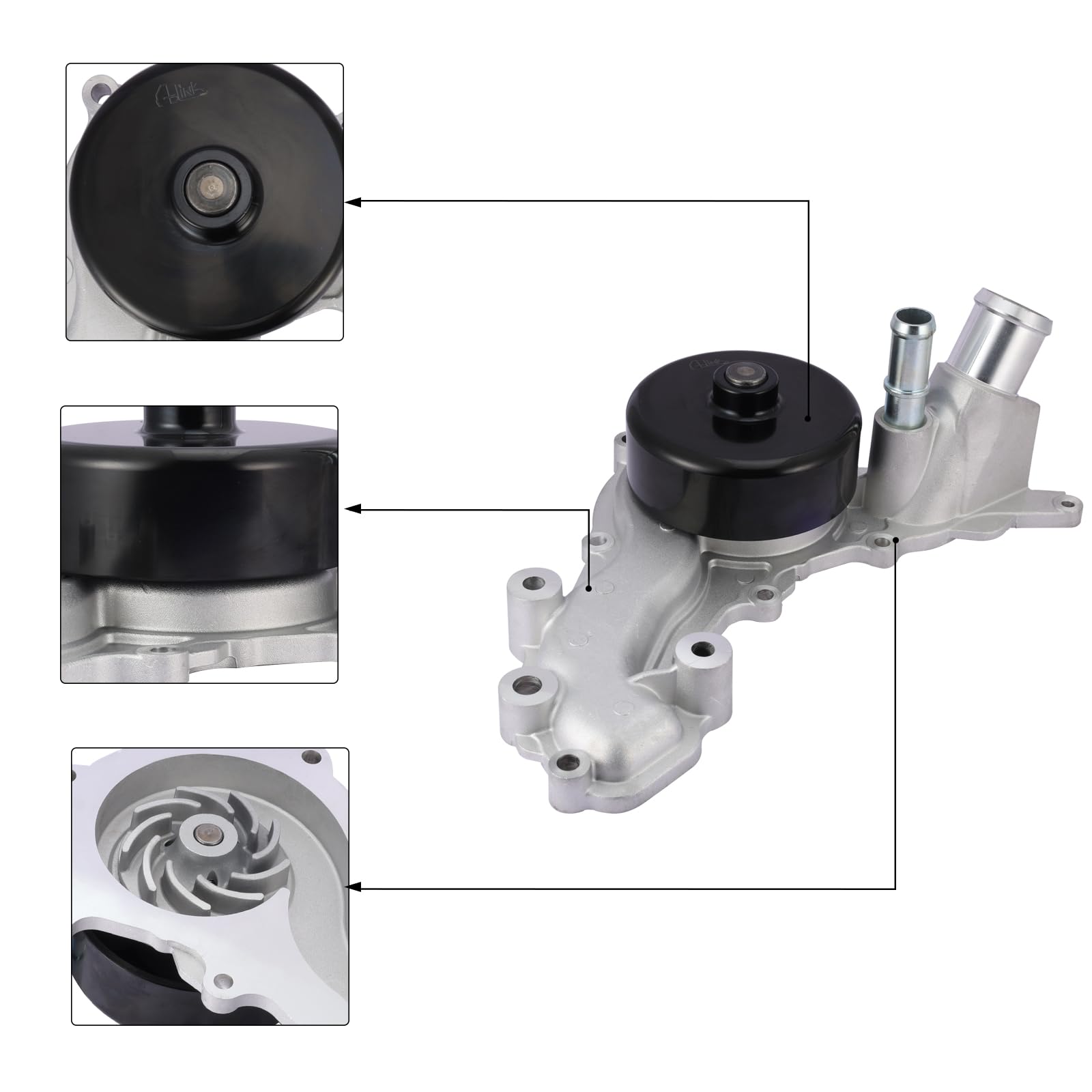 AULINK AW6699 water pump rear view, Jeep Wrangler, shows port connections and build