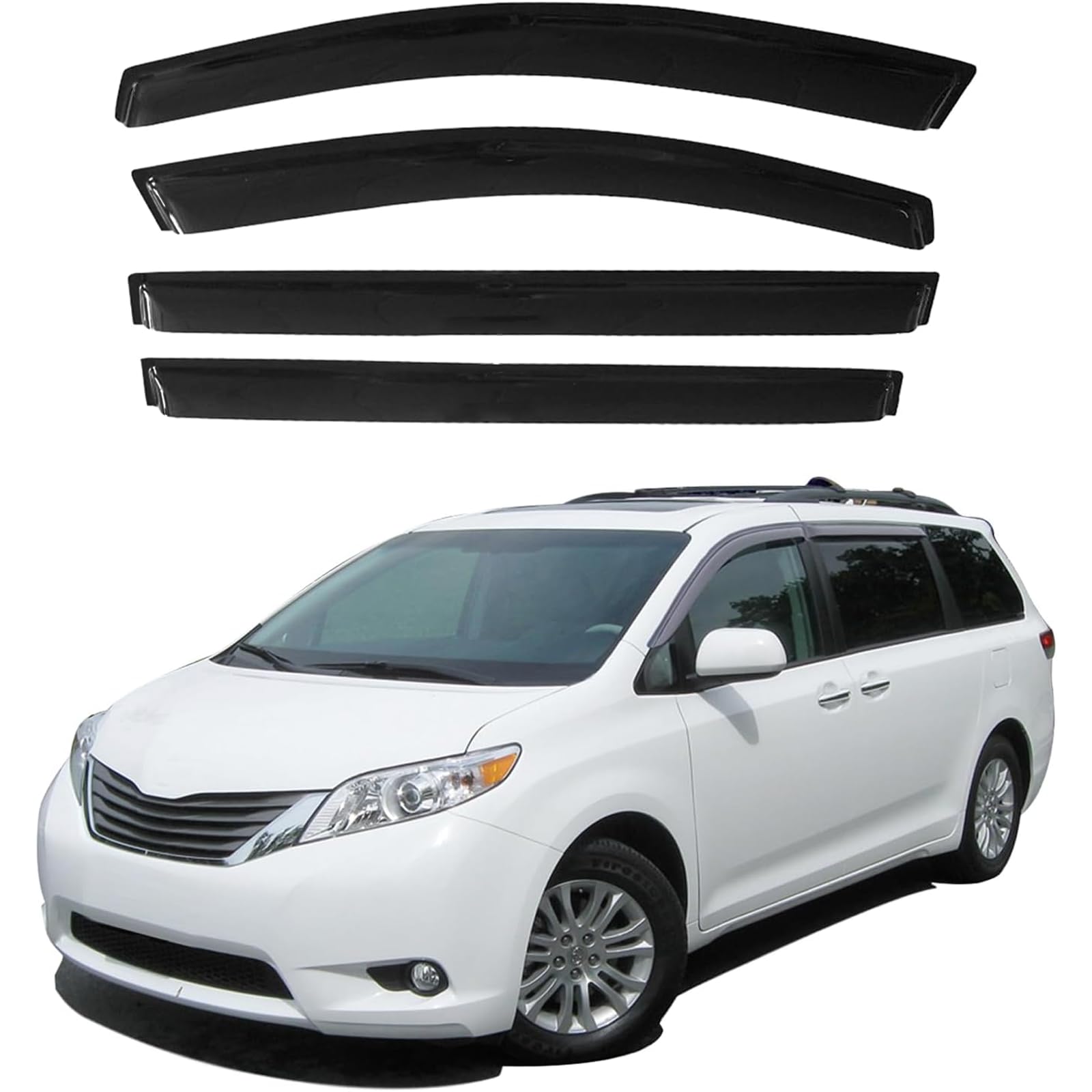 Aumivoron rain guards for Toyota Sienna front-left outdoors, showcasing curved fit and protection against rain