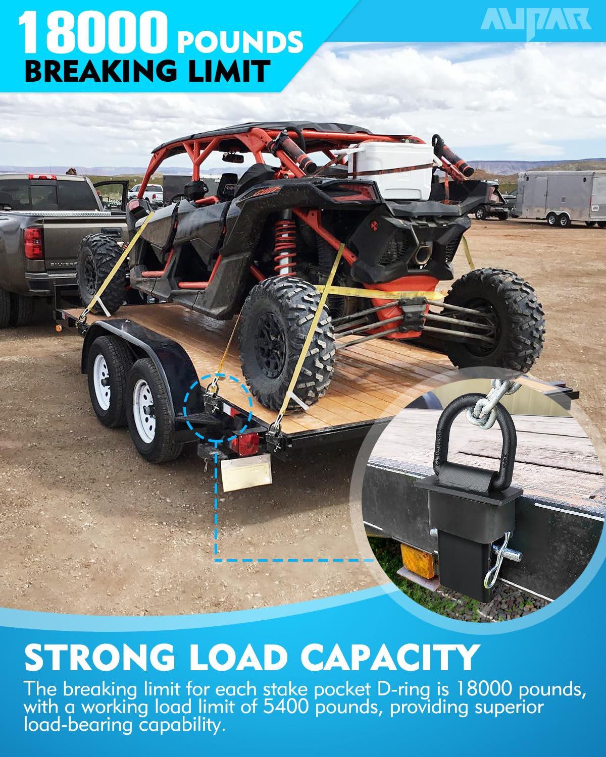 Aupar 5/8 in D-ring with anti-loss cord keeps straps in place.