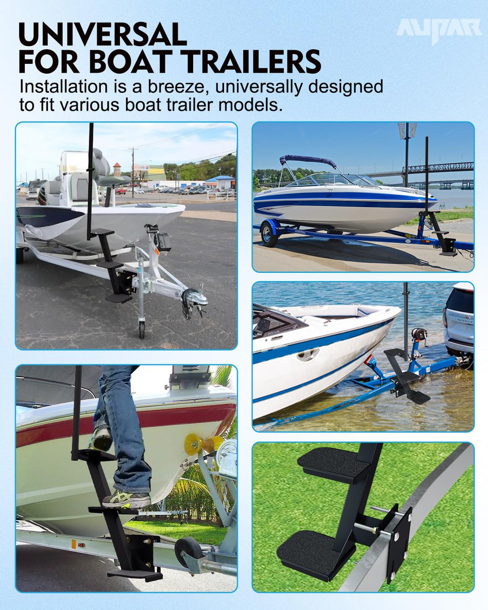 Aupar Boat Trailer Steps with black powder coat finish on trailer