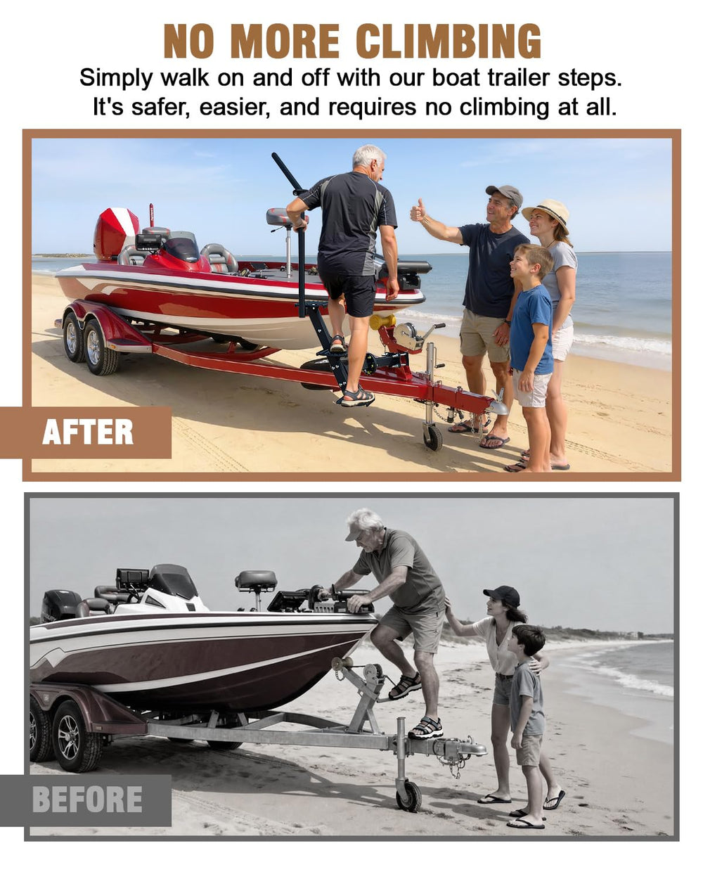 Aupar boat trailer steps with non-slip surface offer confident footing in rain.