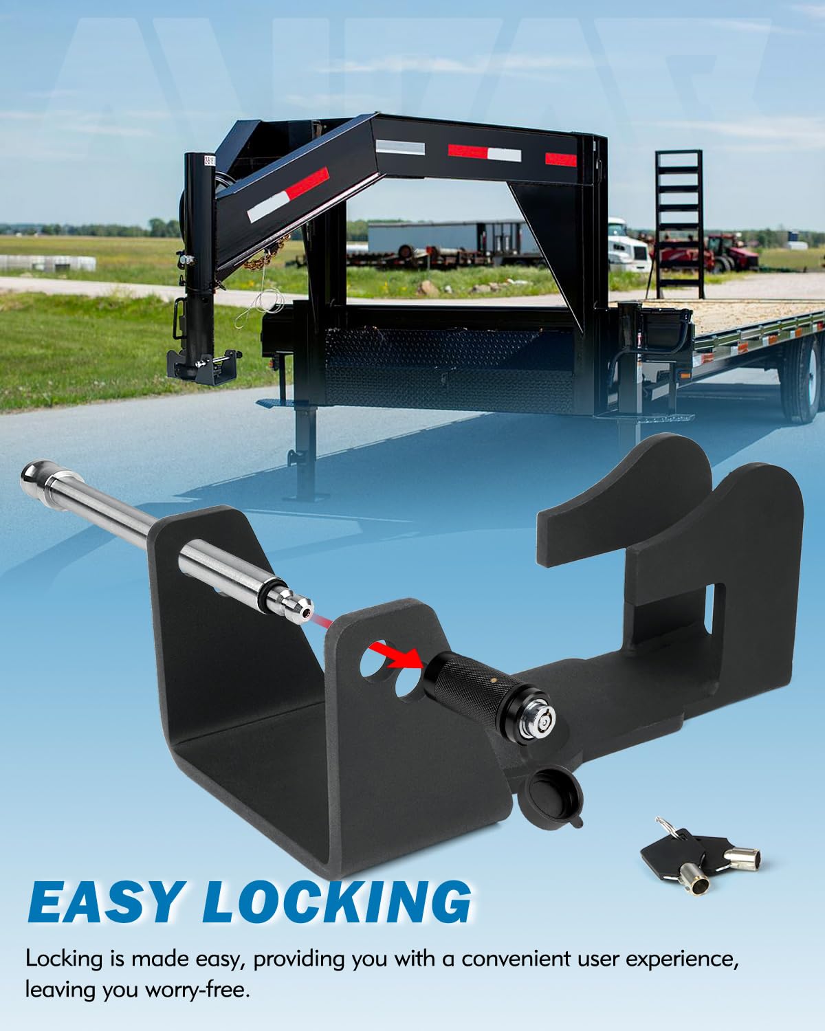 Aupar gooseneck lock in use with RV or livestock hauler for added security