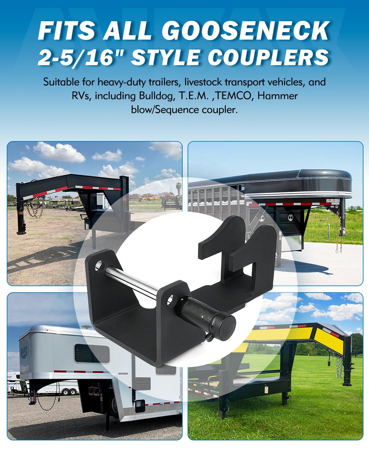 Aupar gooseneck lock secured on trailer tongue illustrating tamper-resistant design