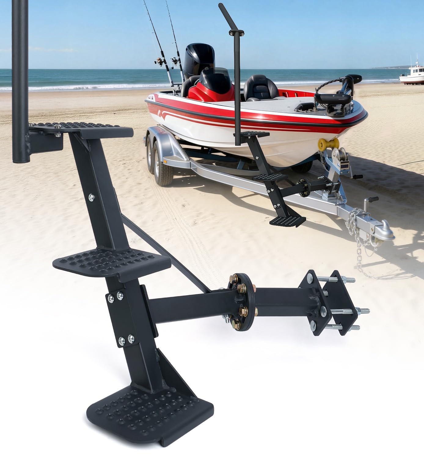 Aupar heavy duty boat trailer steps with handrail provide secure access on wet decks.