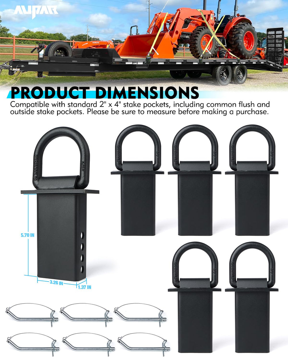 Aupar 6-pack stake-pocket D-rings for versatile cargo securing.