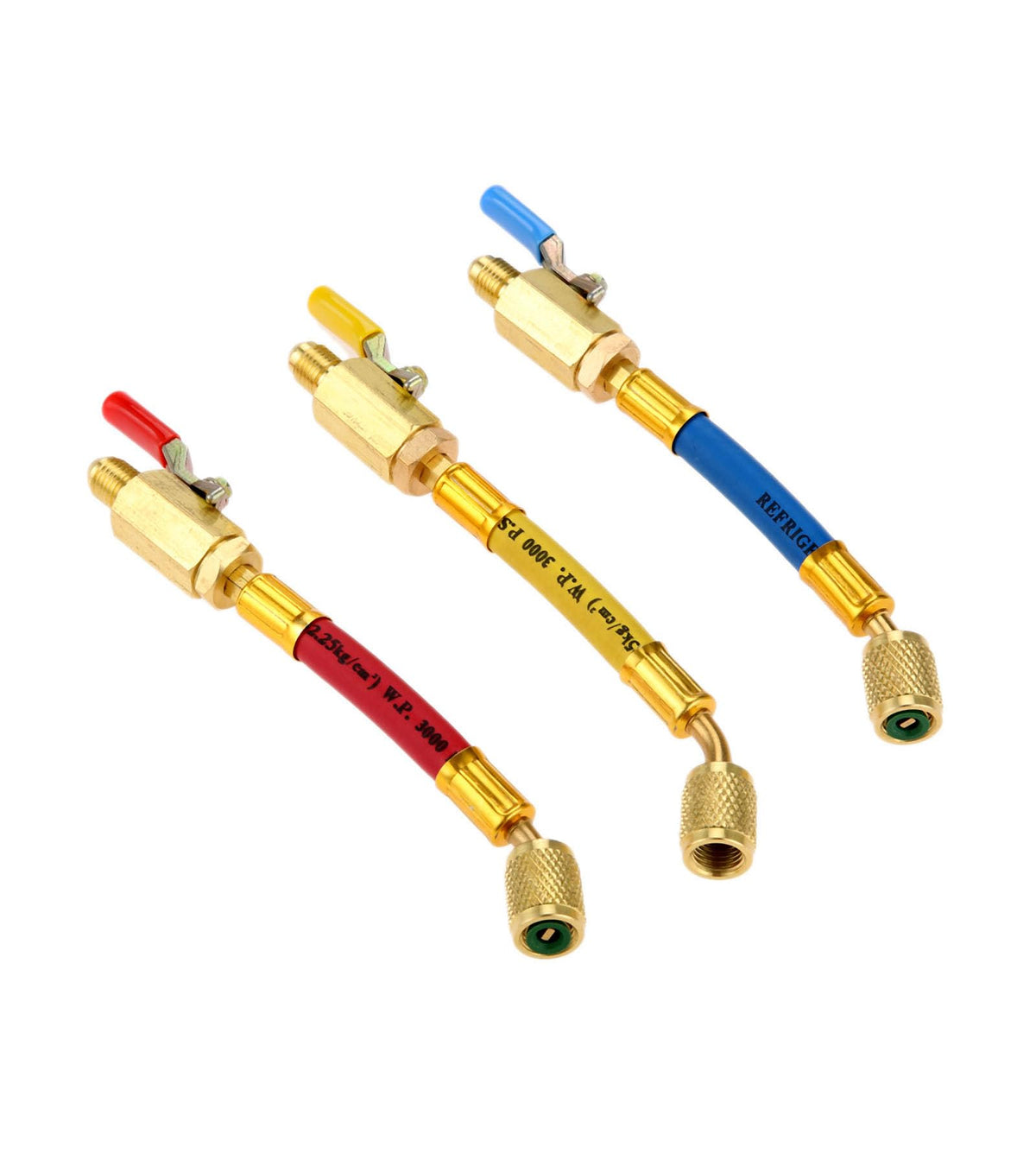 Aupoko color-coded charging hoses in red blue yellow for easy refrigerant identification during servicing.
