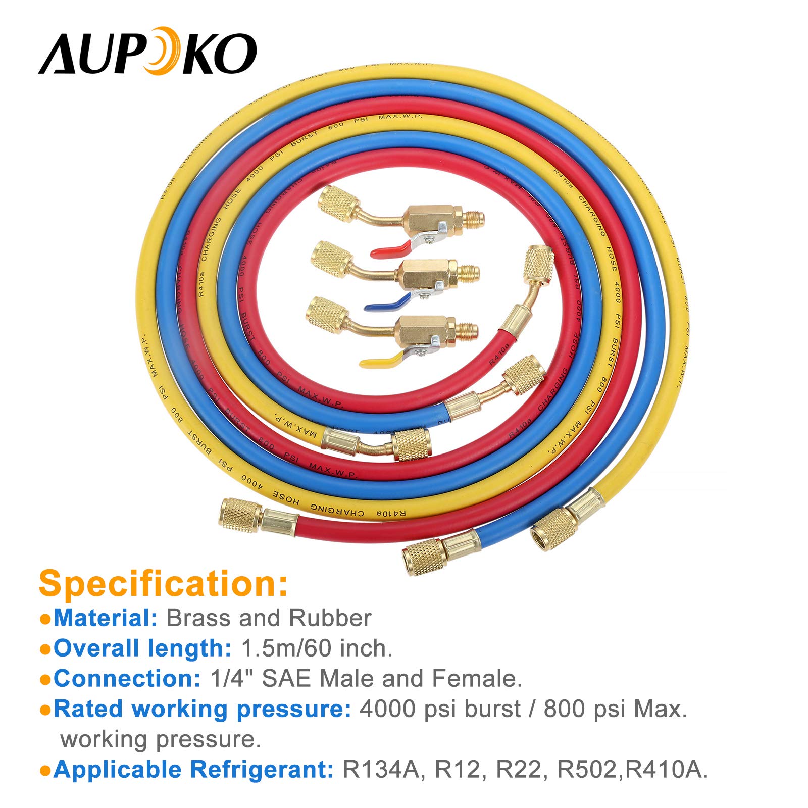 Aupoko blue 60-inch hose with ball valve for color-coded HVAC service.