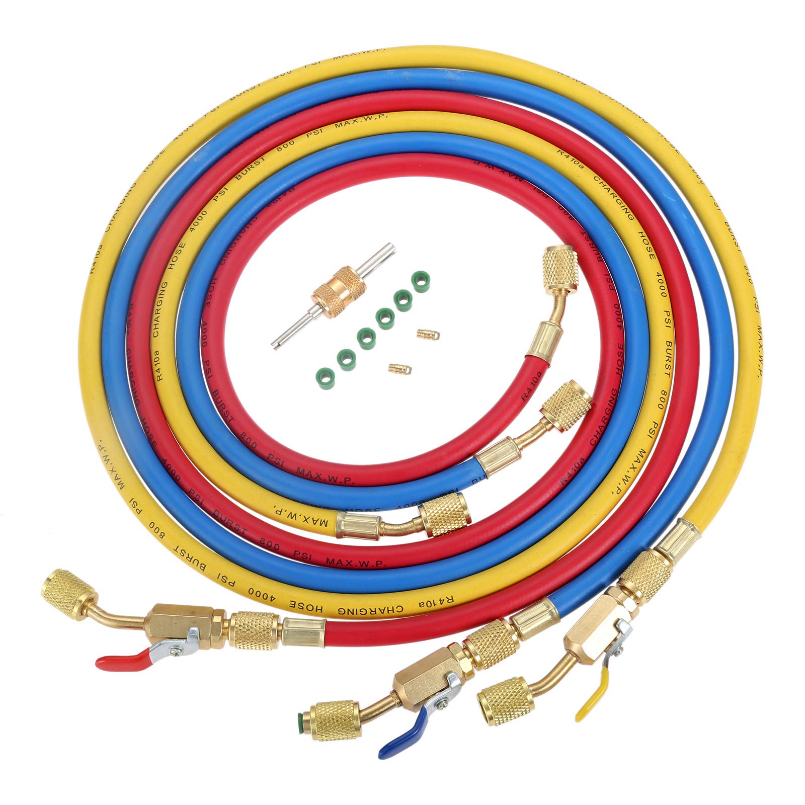 Aupoko red 60-inch hose with ball valve enables controlled refrigerant charging.