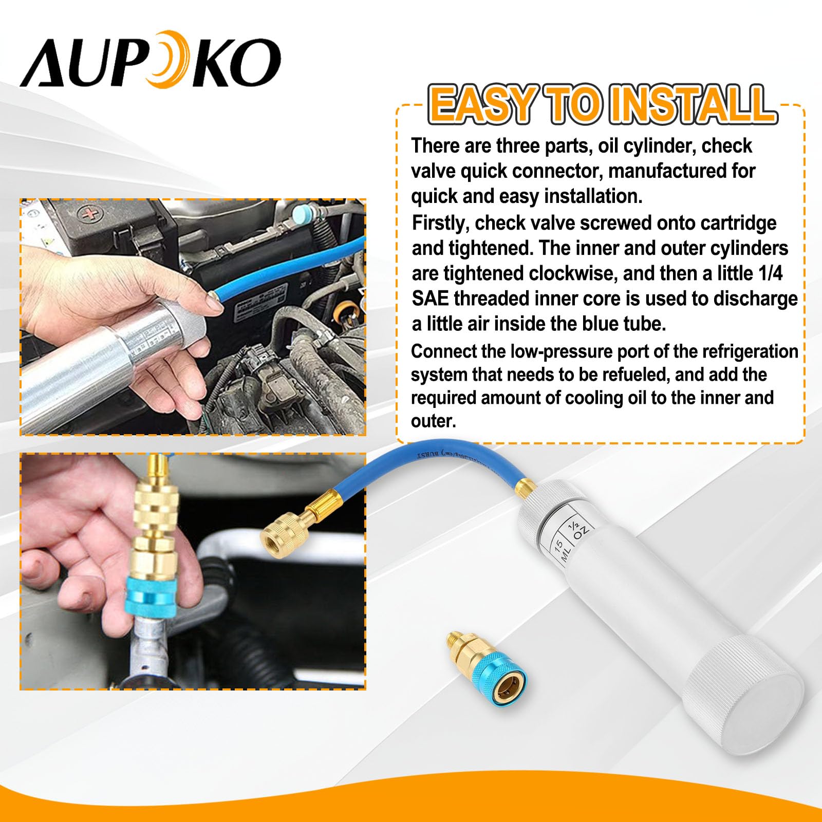 Aupoko low-side 13 mm quick-connect, visual fit on R134a manifolds.