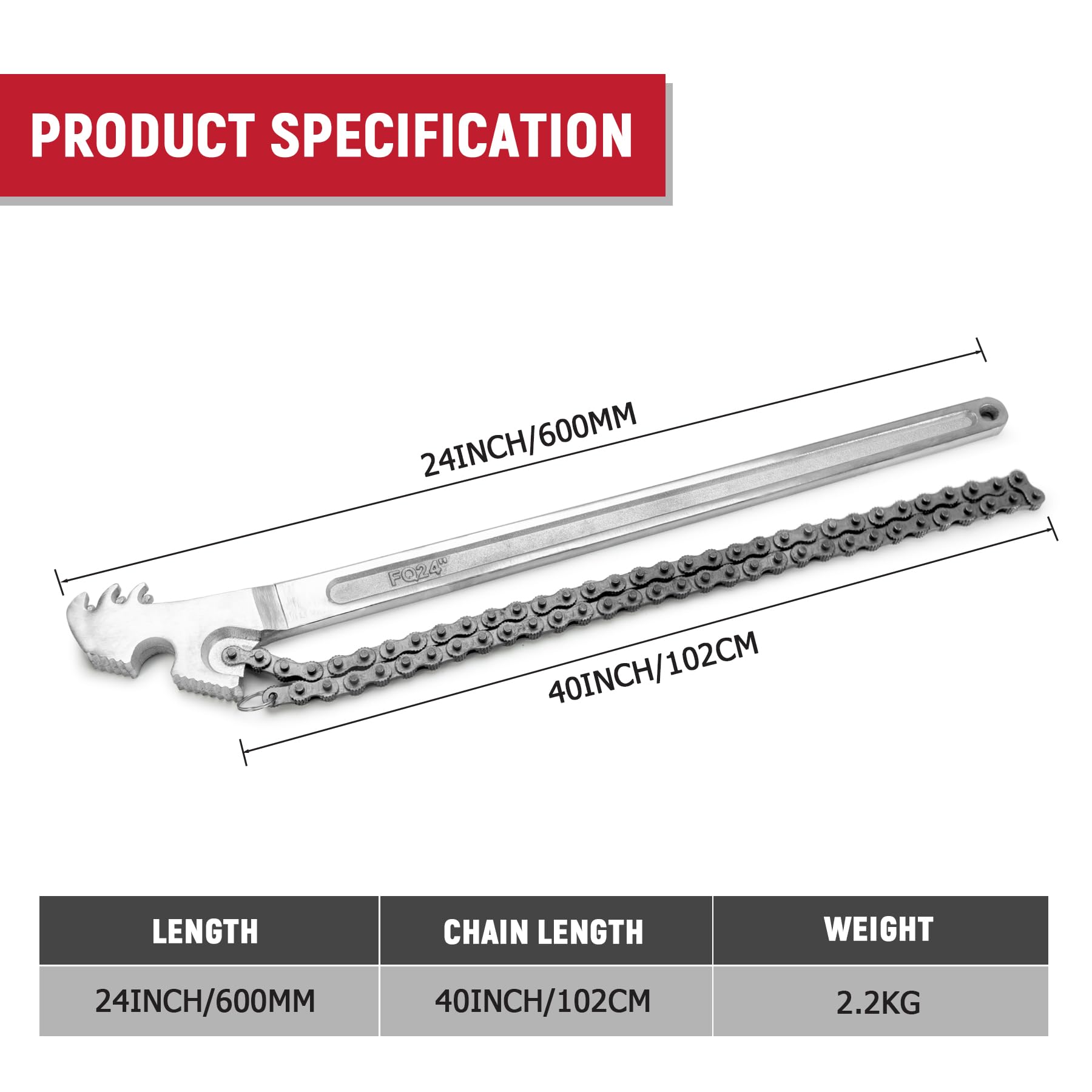AUPREX 100cm chain provides wide reach for large fittings and pipes.