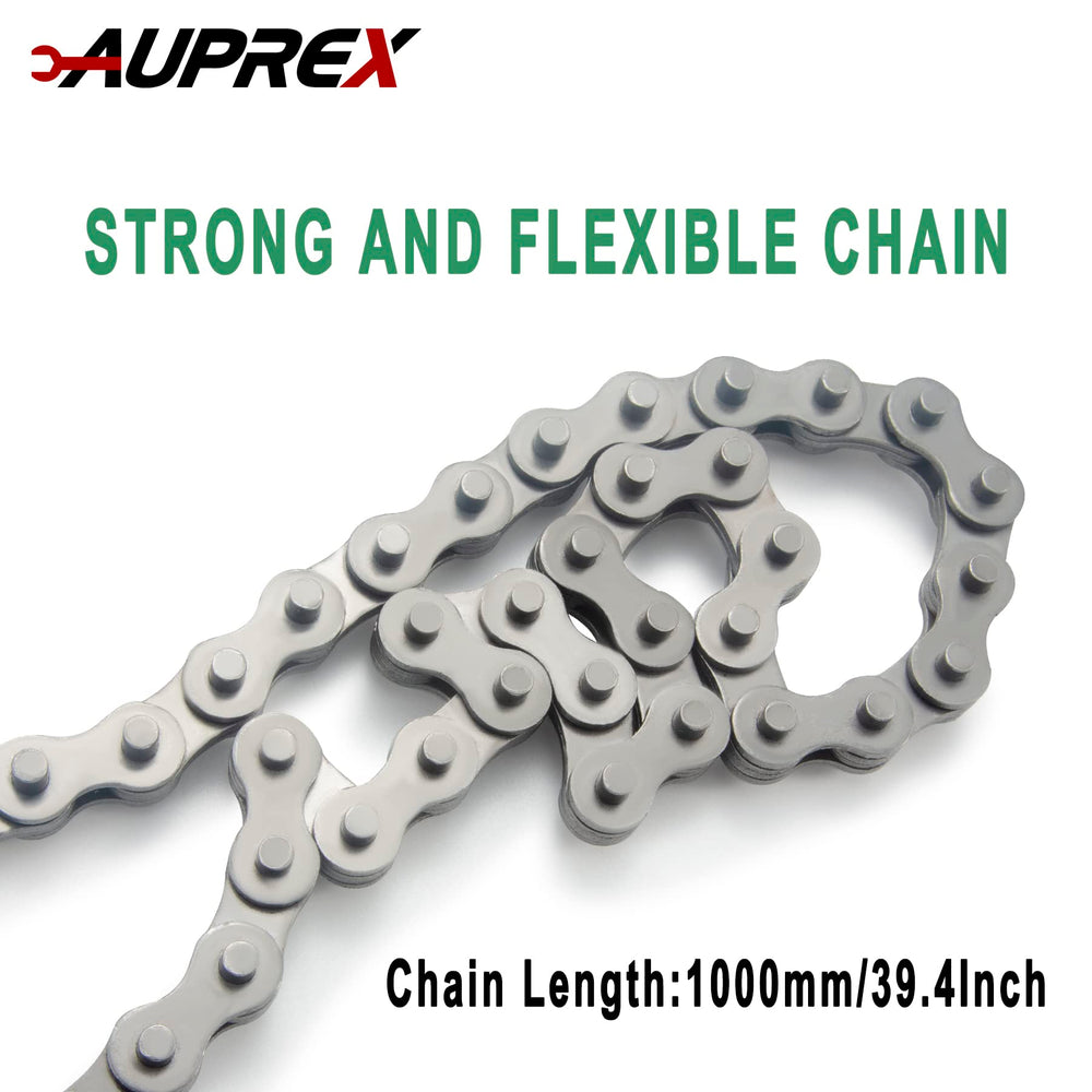 Wrap-around chain design reaches tight spaces where standard wrenches fail.
