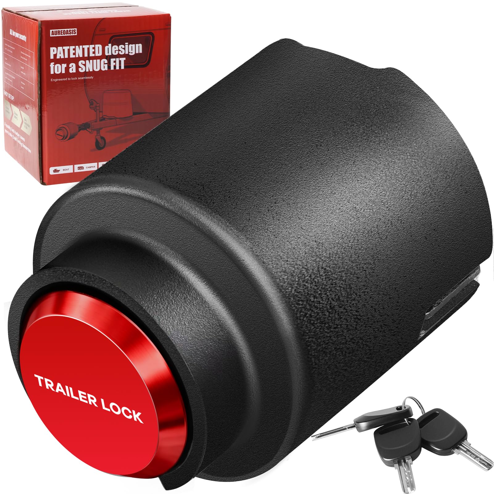 AUREOASIS universal trailer lock for 1-7/8 in, 2 in, and 2-5/16 in couplers ensures secure use.