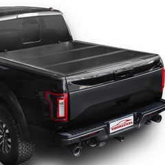 Aurorasters low-profile tri-fold F-150 front view shows all-weather cargo protection.