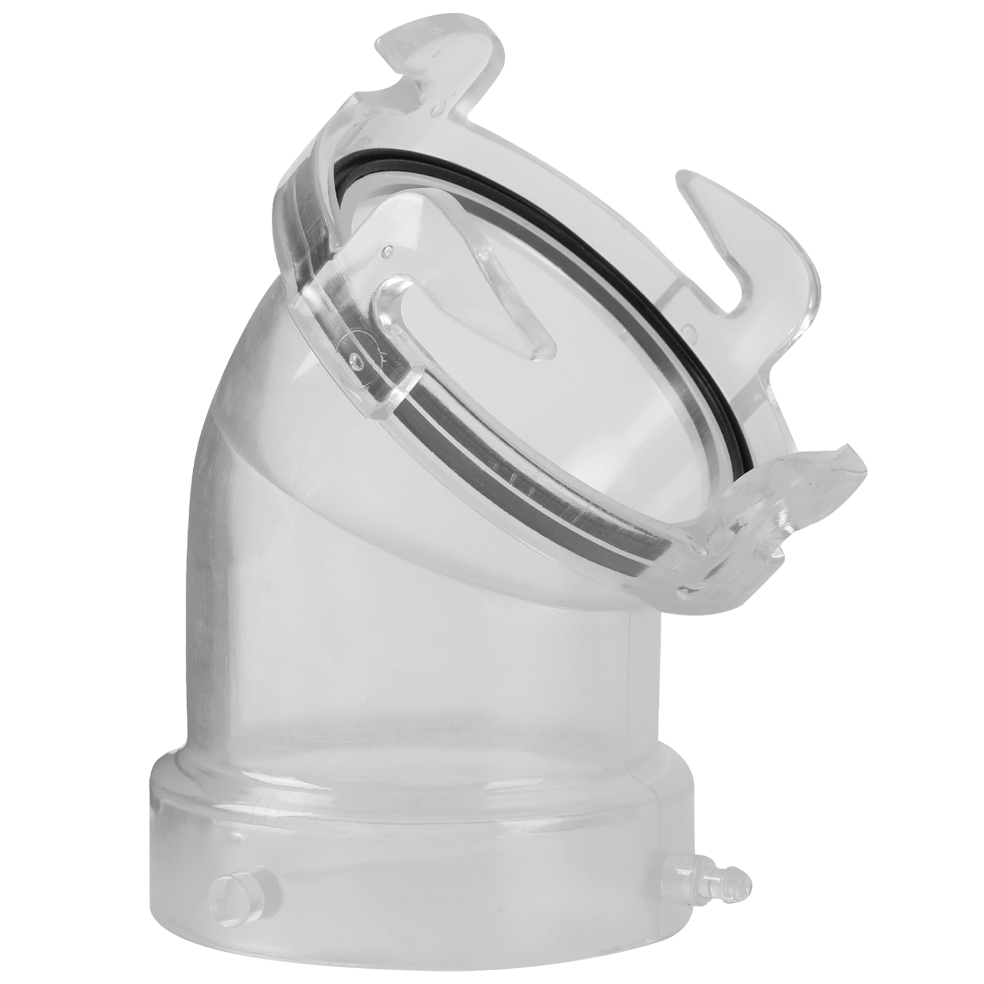 Aussio 45° Clearview adapter with angled connection eases RV hose setup.