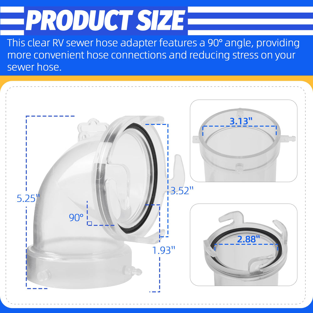 Aussio Clearview RV hose adapter with transparent body for quick flow checks.