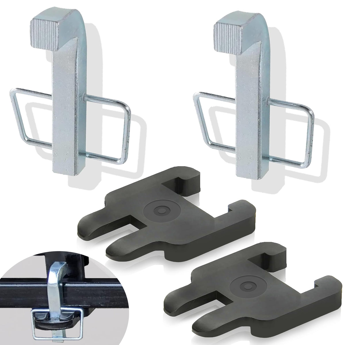 Aussio L-pins with snap clips securing weight distribution hitch alignment.