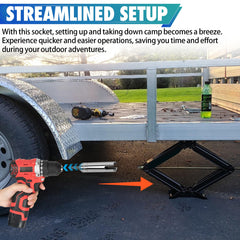 Aussio crank handle in action during easy popup camper setup and takedown