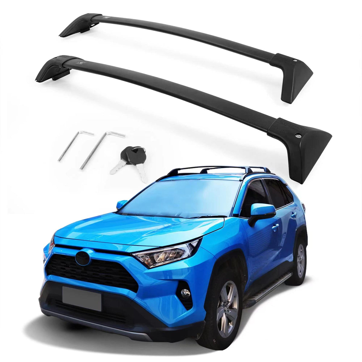 Autekcomma Rav4 crossbars front view showing secure anti-theft design