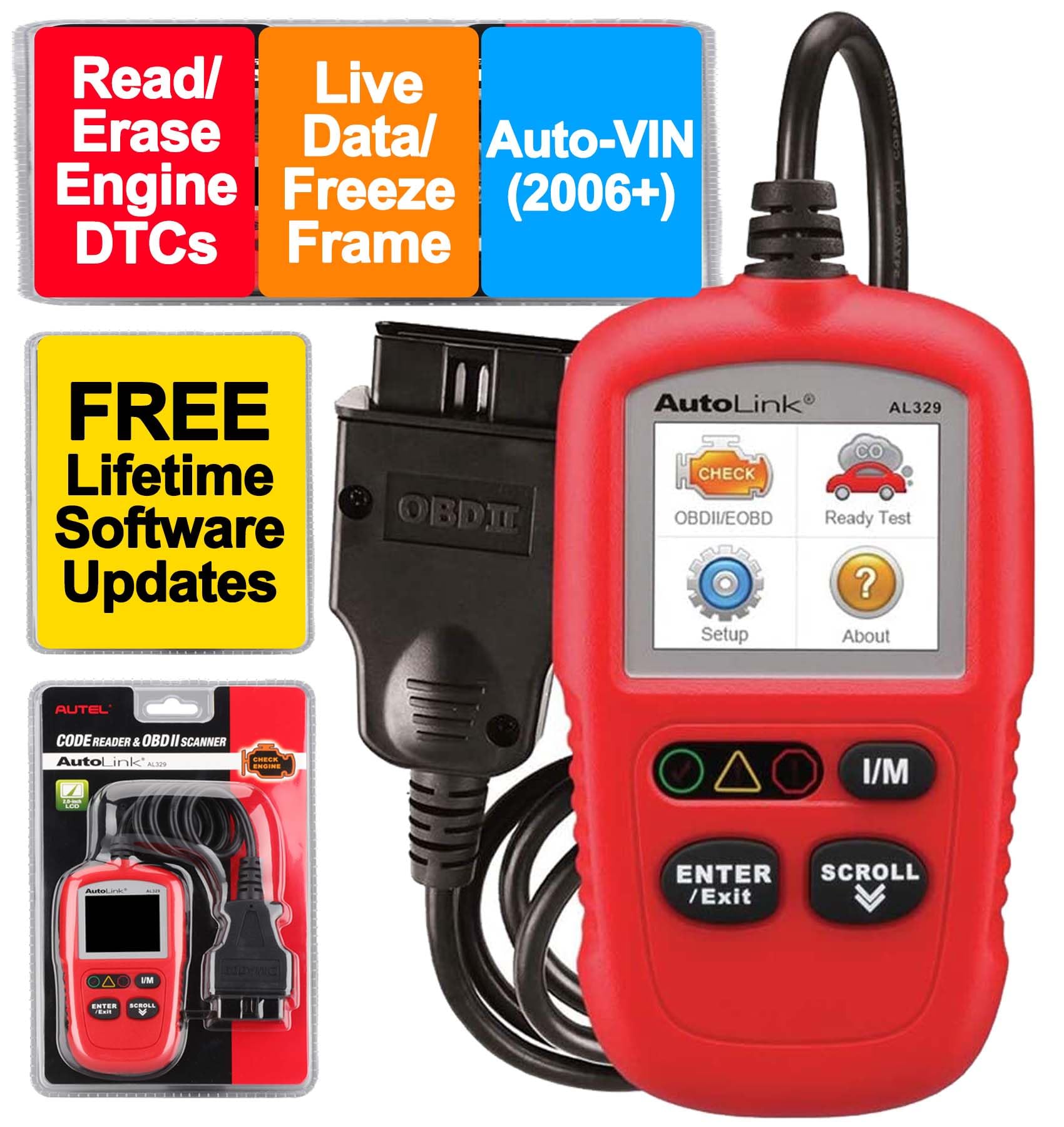 Autel AL329 front view showing portable OBD2 scanner for diagnostics.