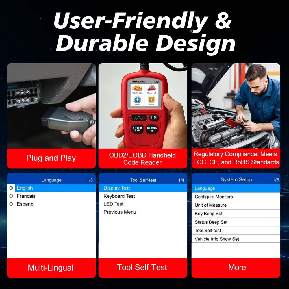Autel AL329 MIL reset button allows quick MIL off after repairs.