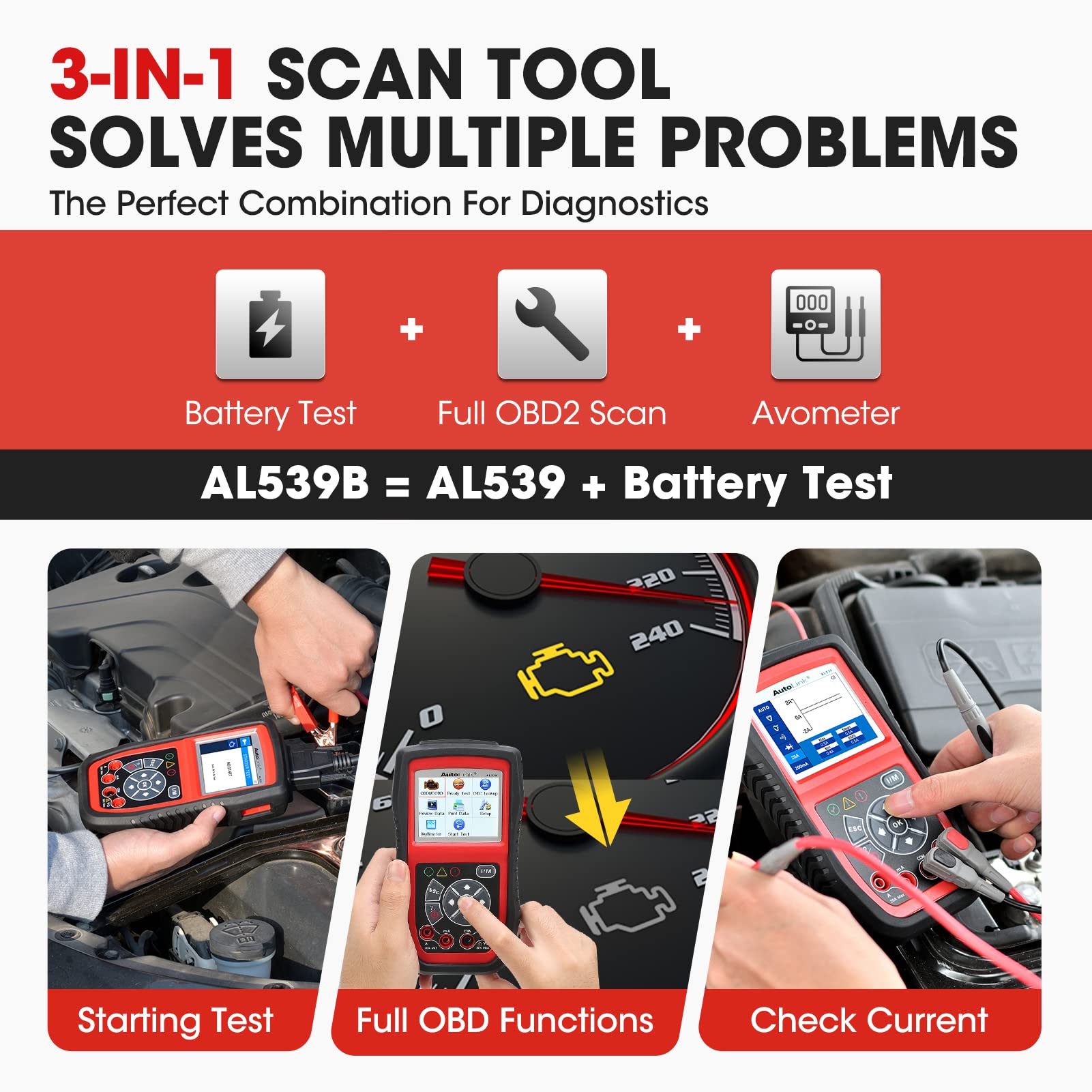 Autel AL539B circuit test AVOMeter showing voltage, continuity, and current.