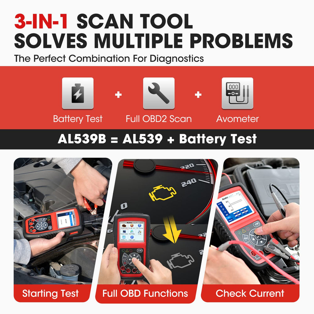Autel AL539B circuit test AVOMeter showing voltage, continuity, and current.