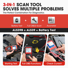 Autel AL539B circuit test AVOMeter showing voltage, continuity, and current.