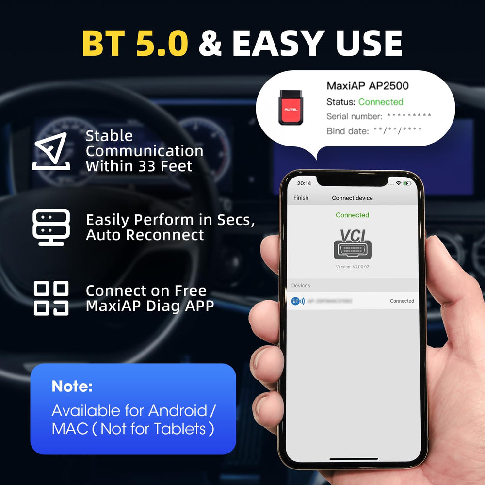 Autel AP2500E quick pairing with iOS/Android via app.
