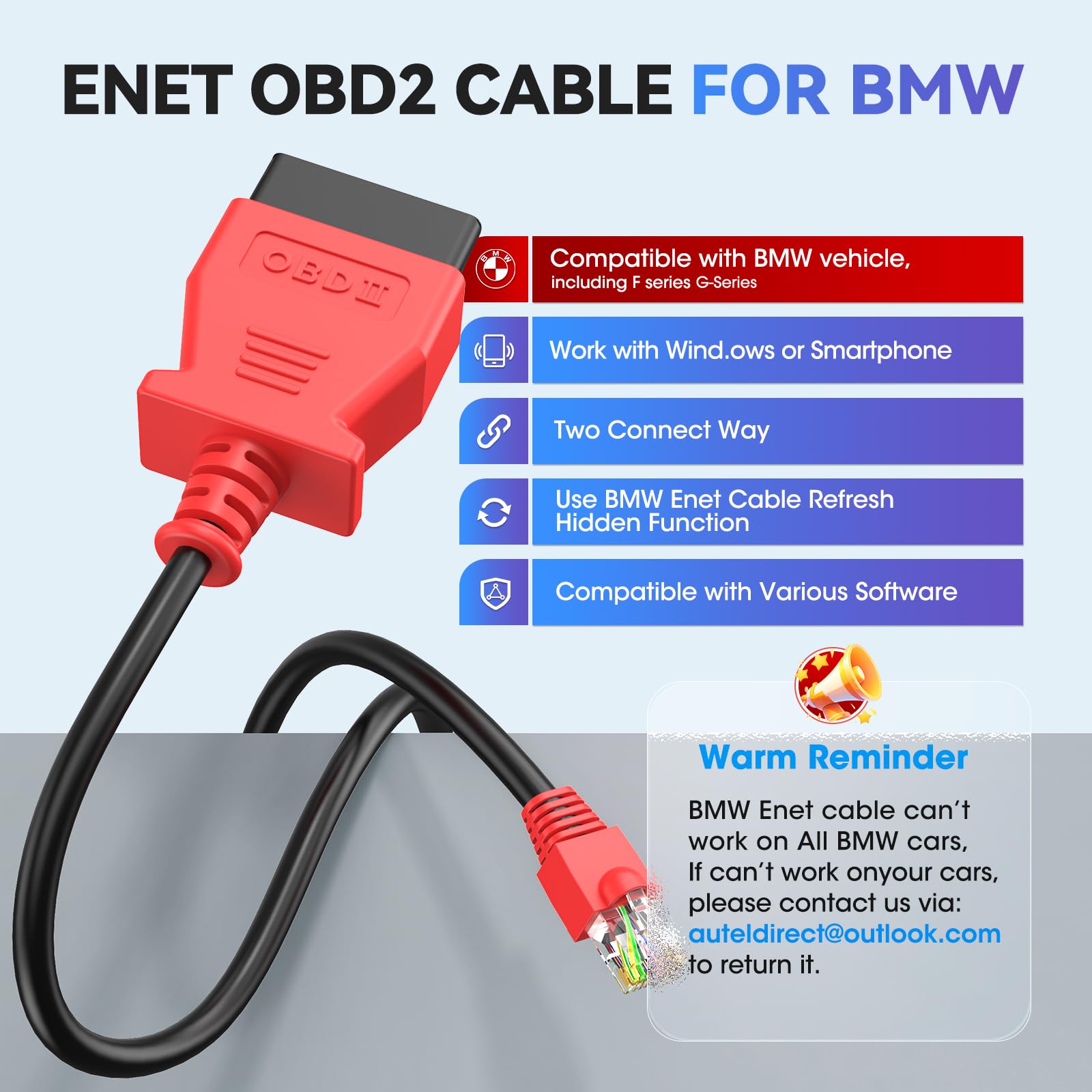 Autel ENet cable with Ethernet-to-OBD interface for BMW F/G series.