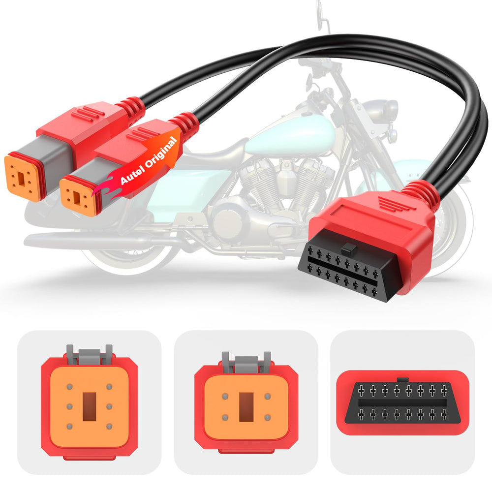 Autel Harley OBD2 cable with 4-pin and 6-pin connectors closeup for reliable data transfer.