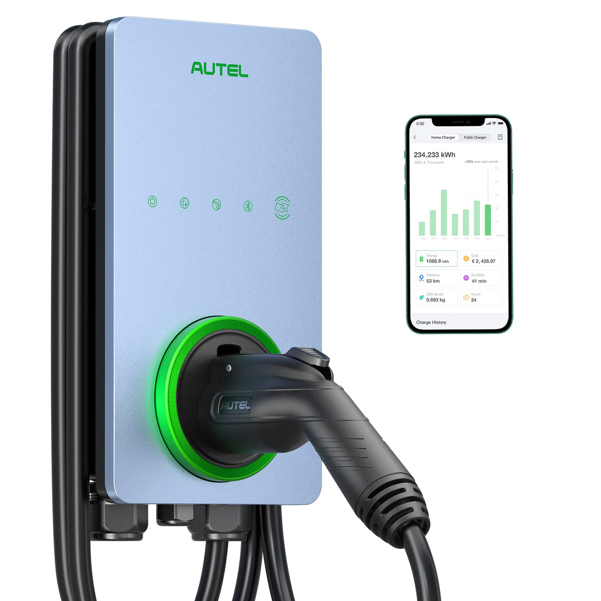 Autel Home Smart EV Charger 50A with 25-foot cable for versatile charging.