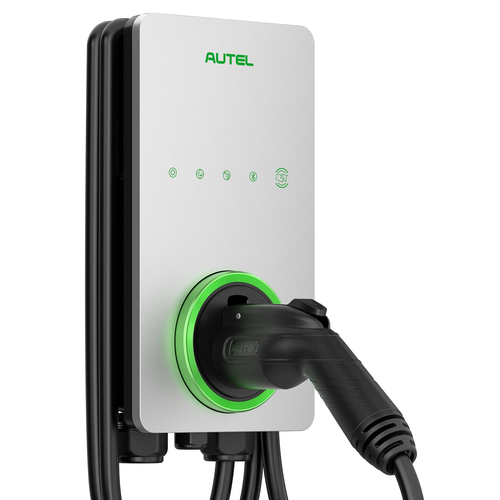 Autel MaxiCharger Home front view with silver finish and wall-mount-ready design.