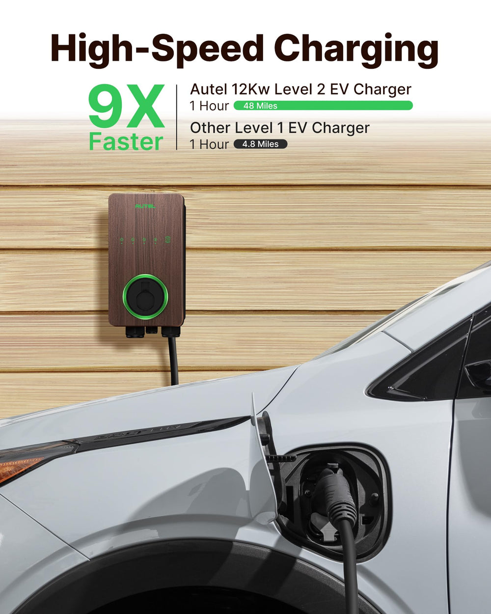 Autel MaxiCharger Home wood-grain front view for stylish home charging.