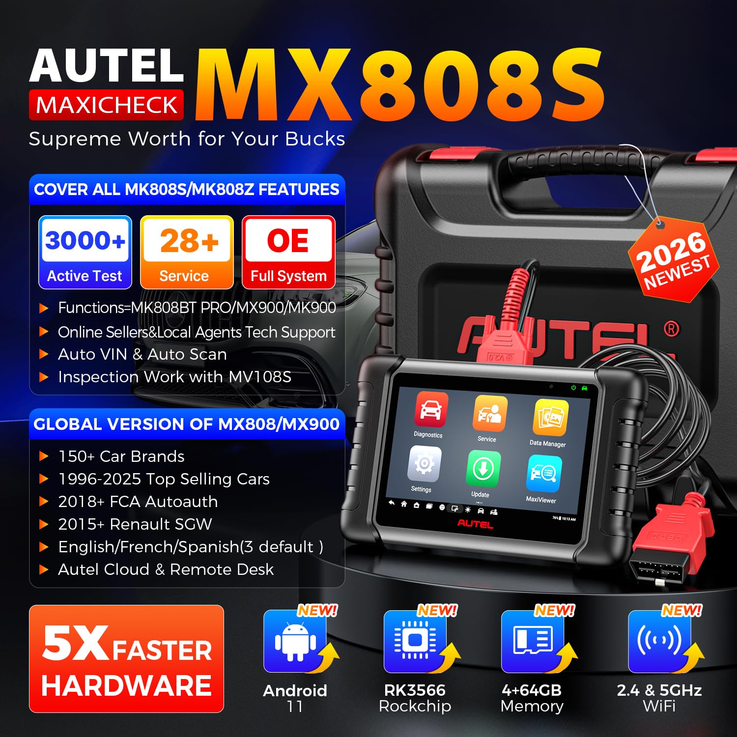 Autel MaxiCheck MX808S screen diagnostics display demonstrates broad OE coverage