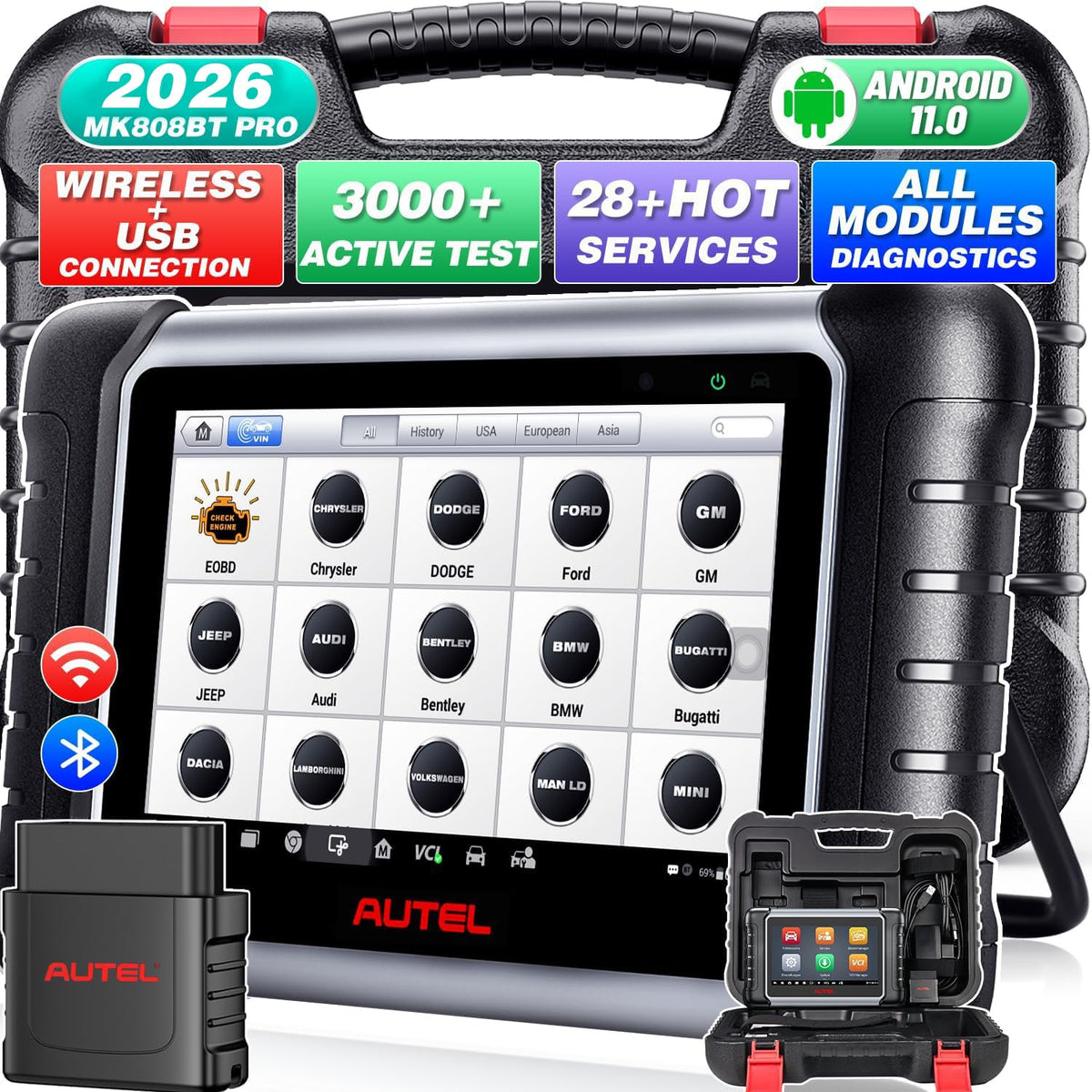 Autel MK808BT PRO bidirectional control enables real-time ECU actuator testing.