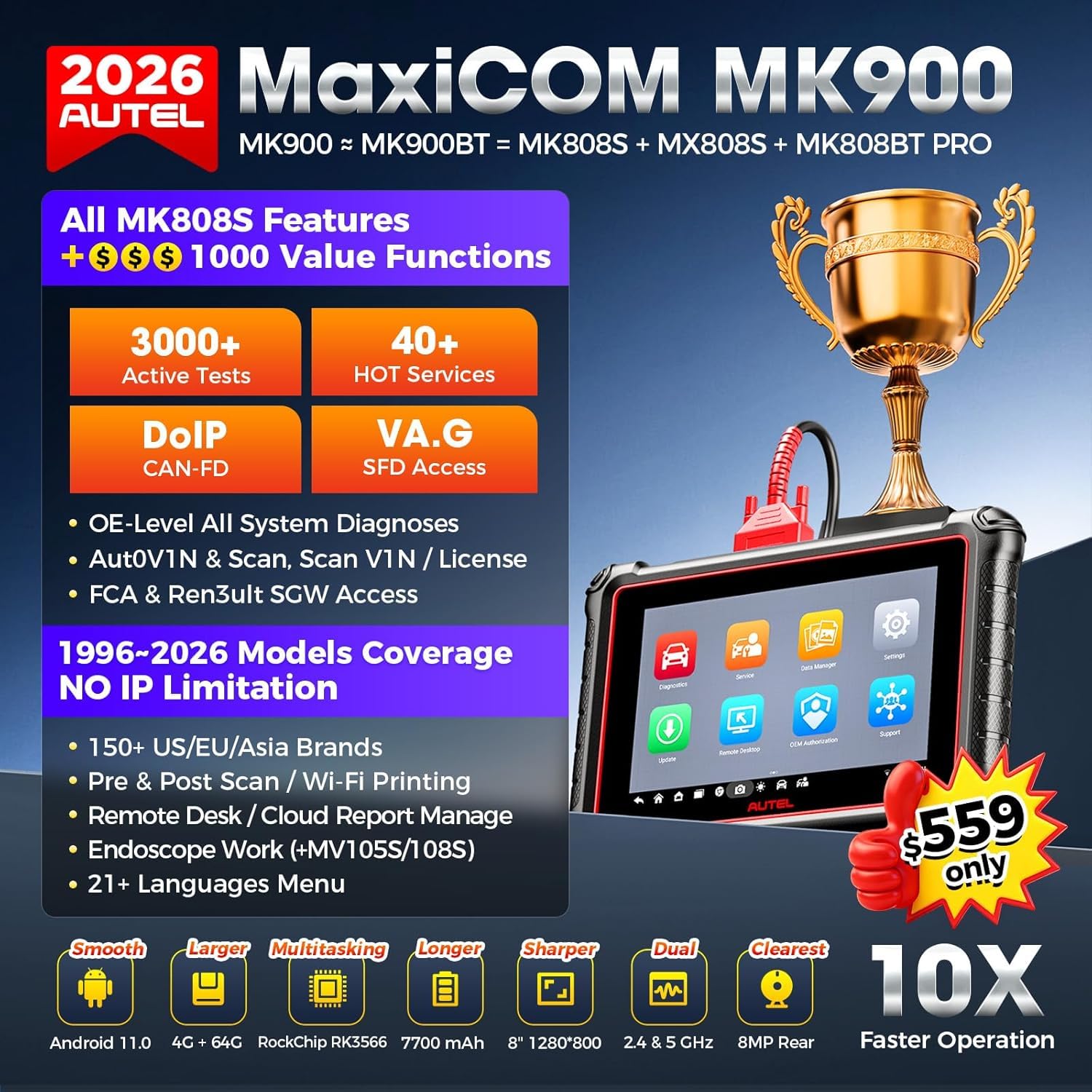 MK900 8-inch display showcases intuitive UI for faster vehicle diagnostics.