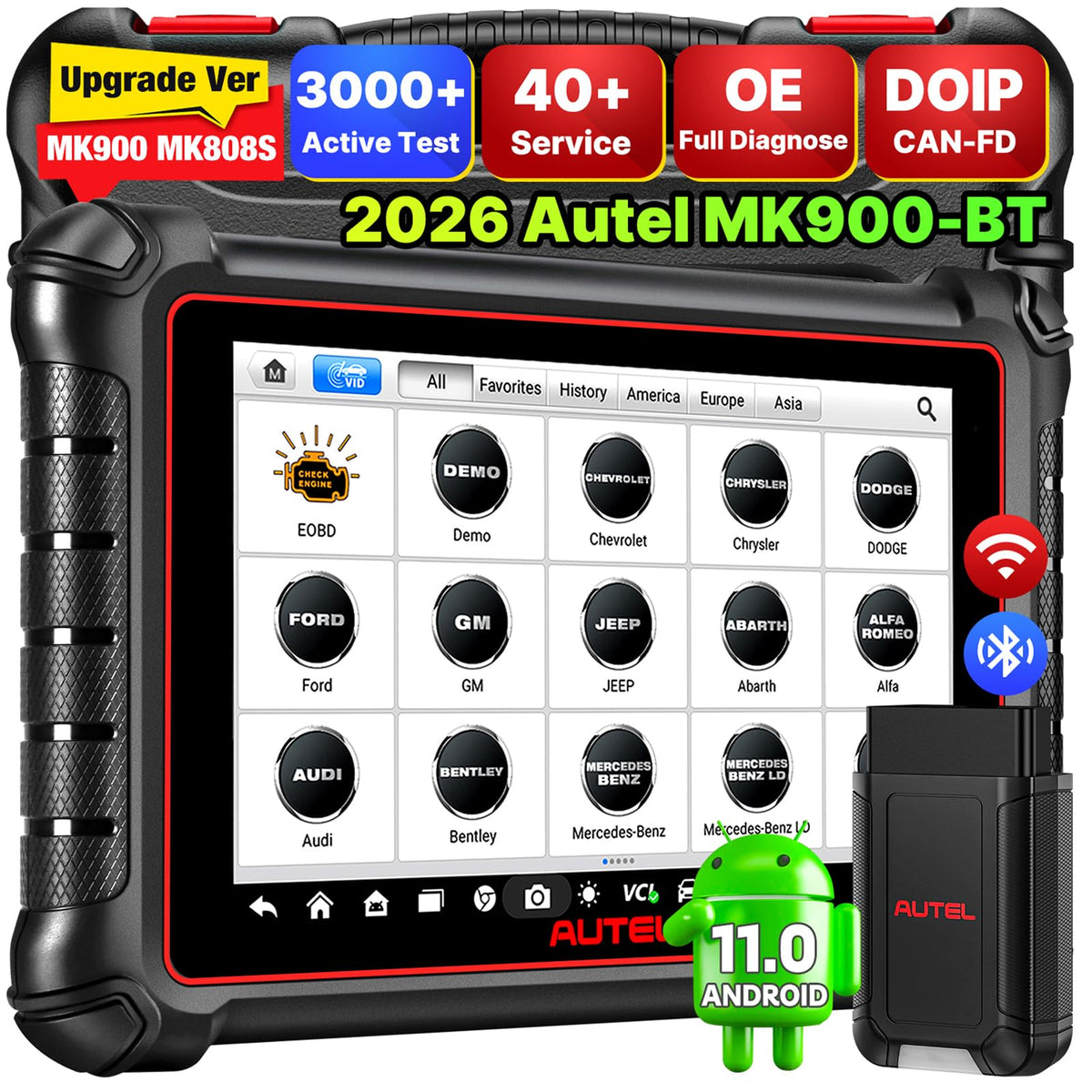 Autel MK900BT front view shows a professional diagnostic tool for all-vehicle analysis.