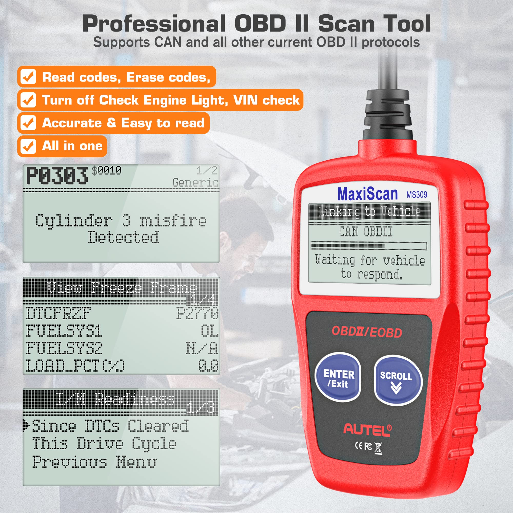 Autel MS309 shows diagnostic trouble codes and definitions on screen.