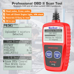 Autel MS309 shows diagnostic trouble codes and definitions on screen.