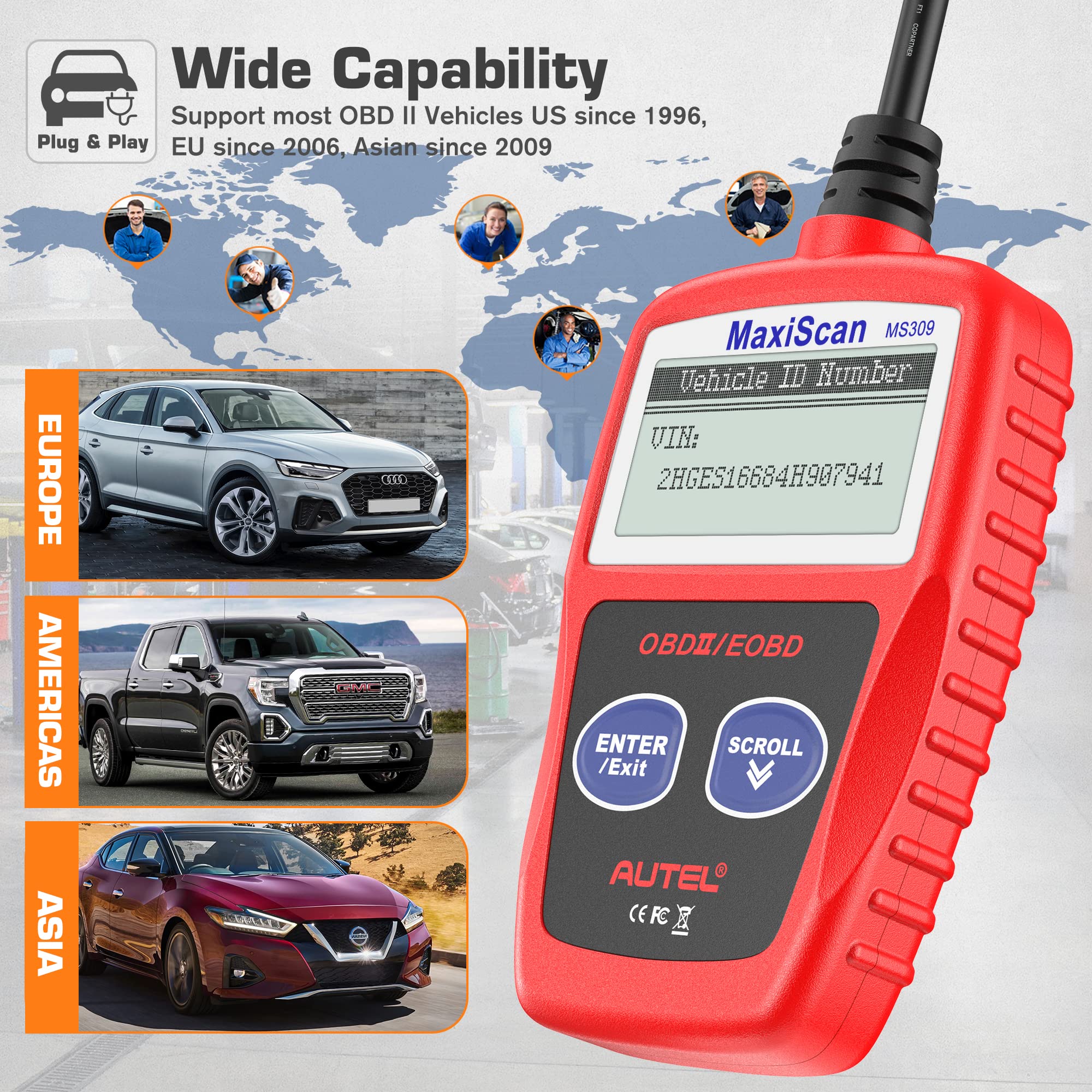 Autel MS309 in use connecting to a vehicle’s OBD-II port.