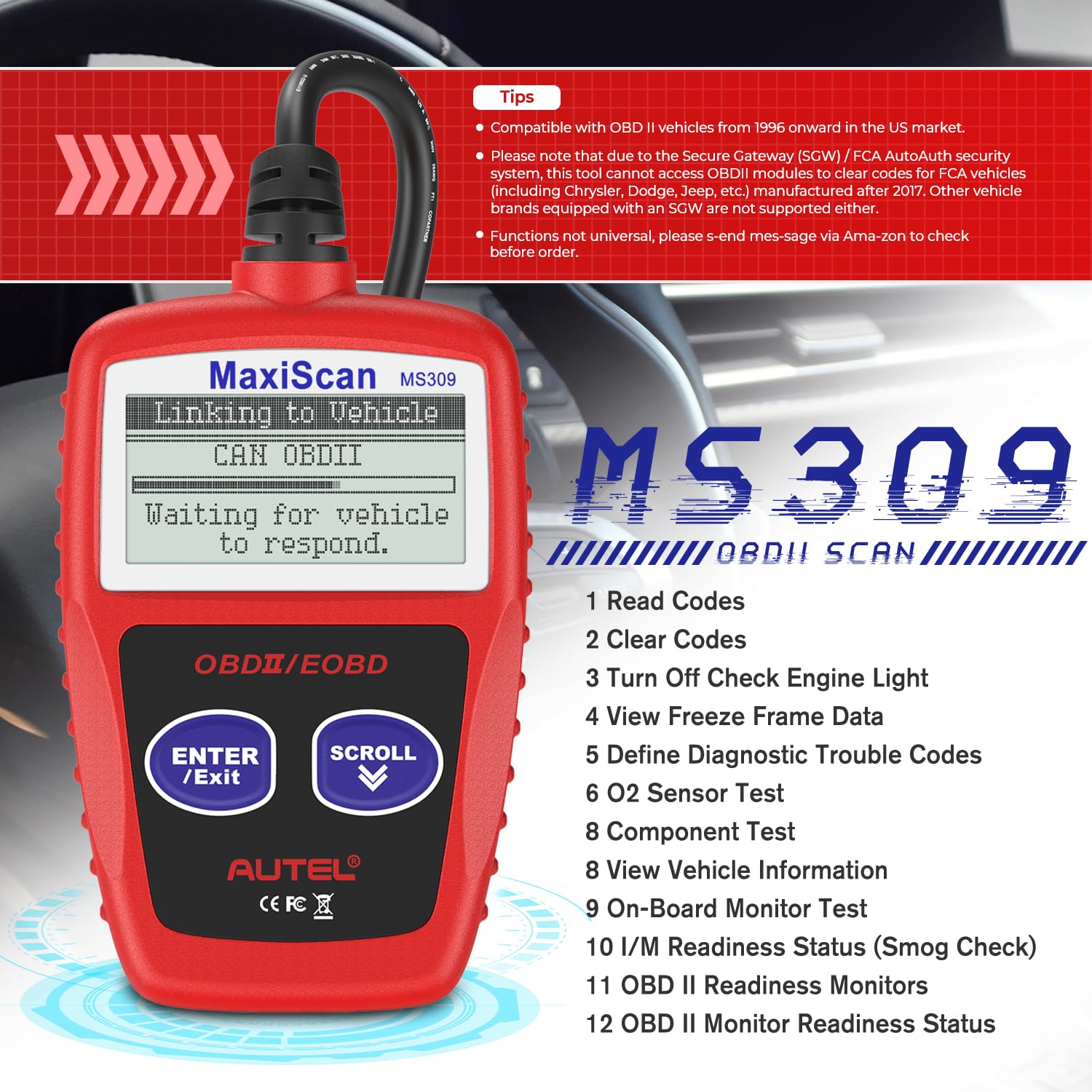 Autel MS309 OBD2 cable connection showing plug-and-play setup.