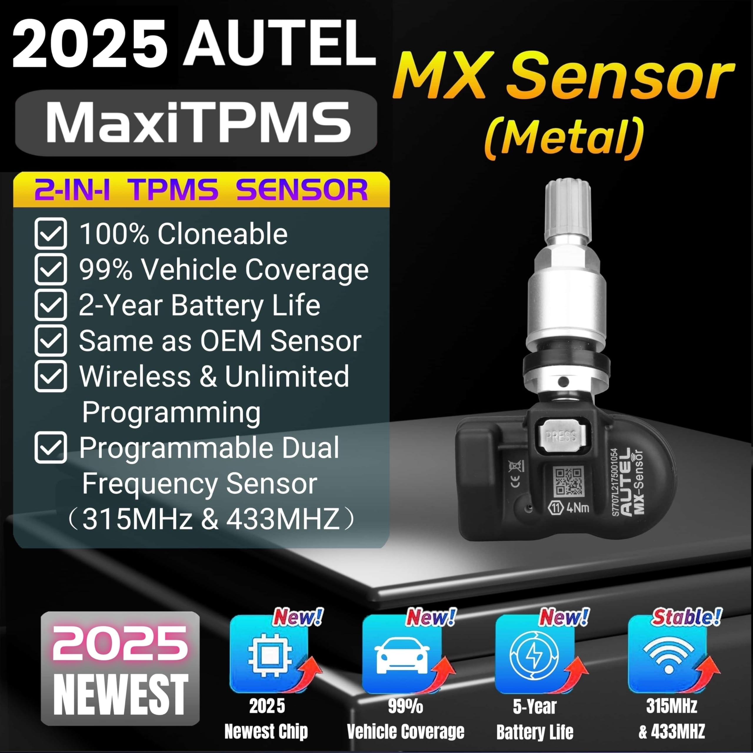 Autel MX-Sensor metal stem design enhances durability during tire service.