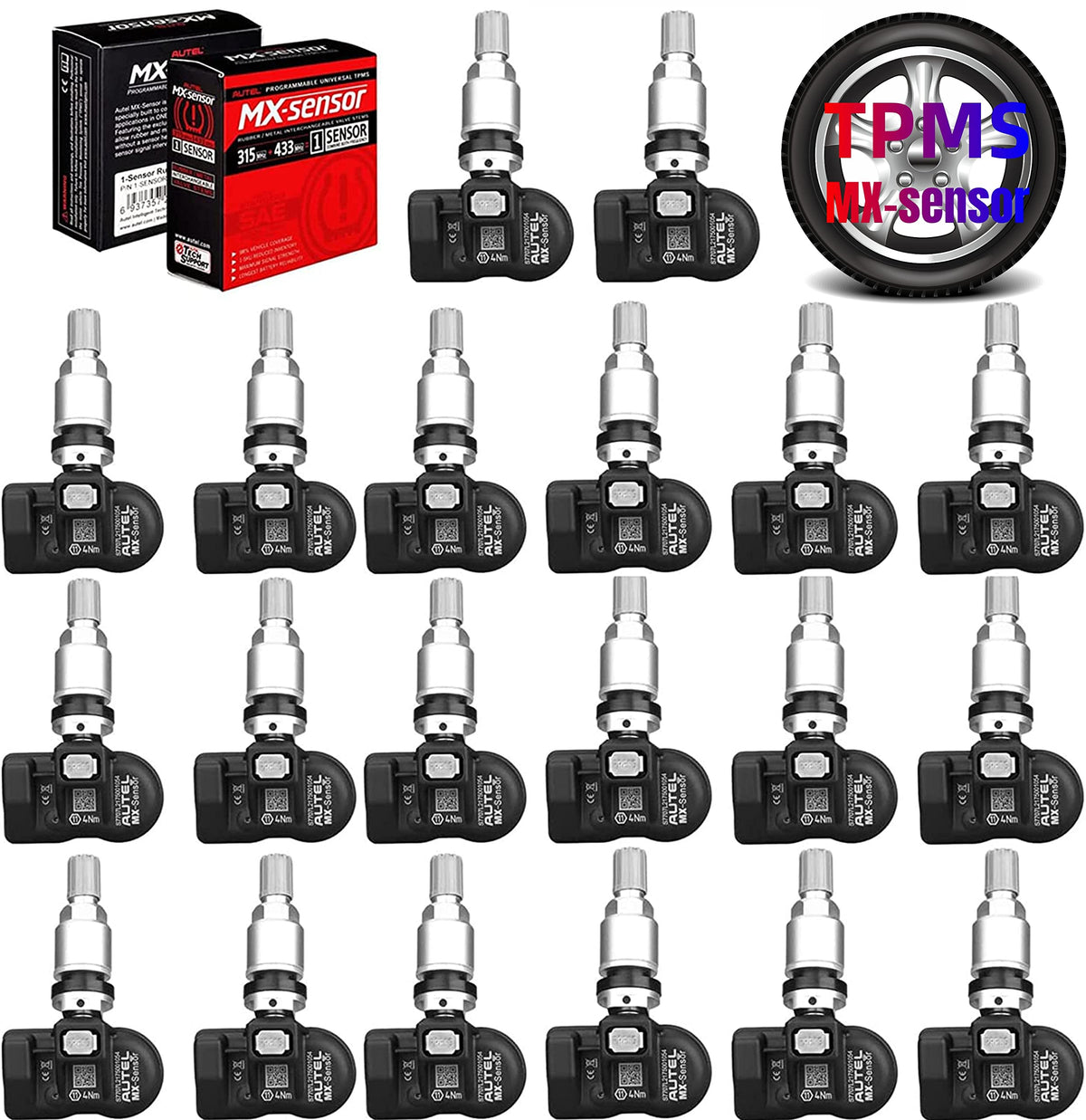 Autel MX-Sensor packaging for a 20-piece metal stem TPMS kit.