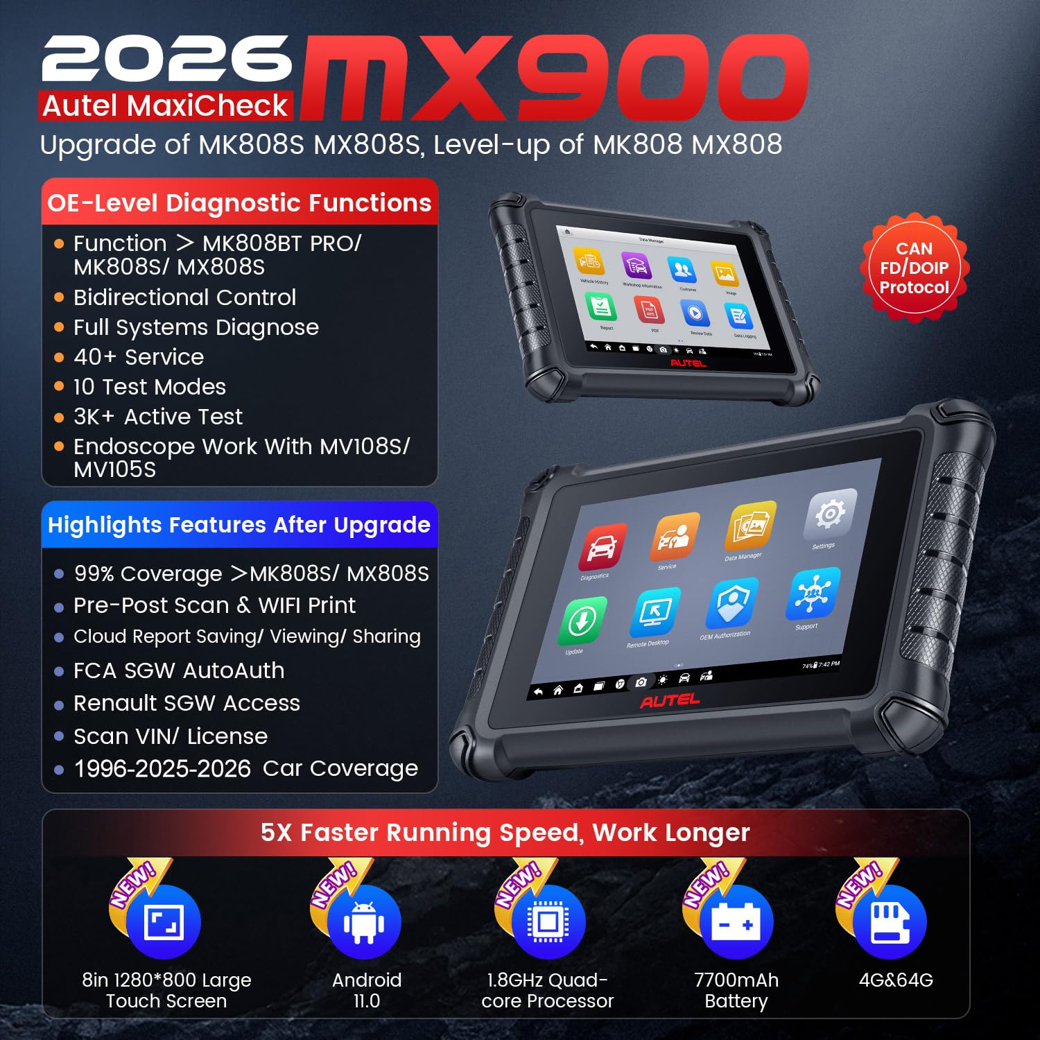 Autel MX900 8-inch display showcases clear menus during vehicle diagnostics